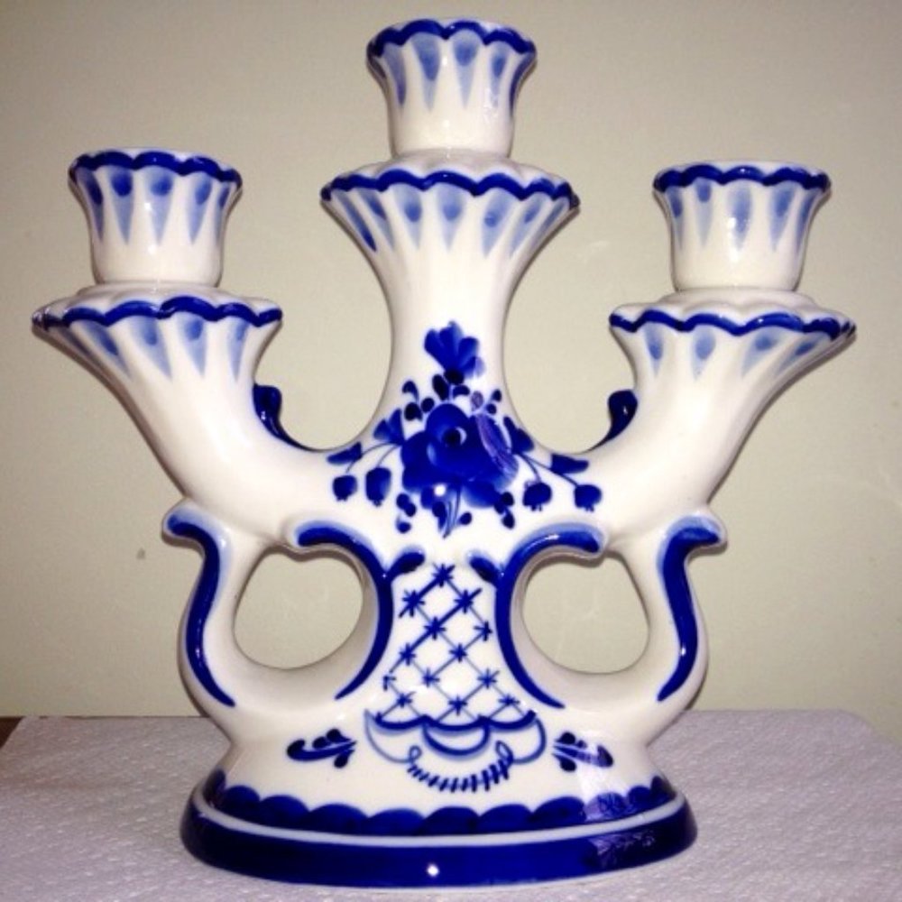 NEW Gzhel Porcelain Tri Candelabra Candlestick Handmade Signed Unique Imported